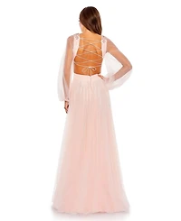 Tulle Sheer Long Sleeve Cut Out Lace Up A Line Gown