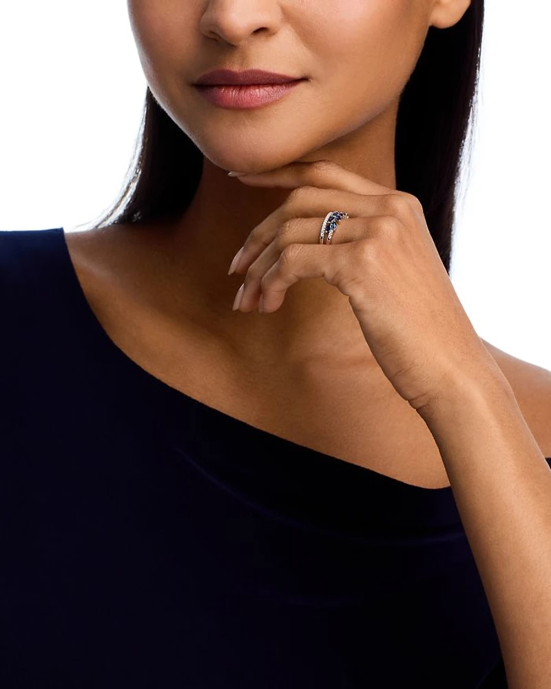 Blue Sapphire & Diamond Double Row Ring in 14K White Gold
