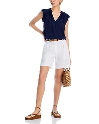 Shirred Cap Sleeve V Neck Top