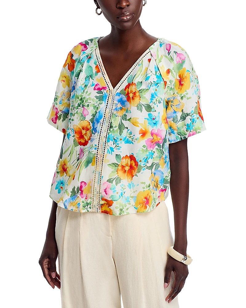 T Tahari Printed V Neck Blouse