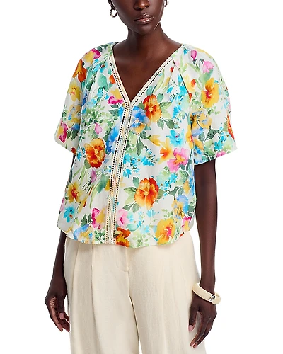 T Tahari Printed V Neck Blouse