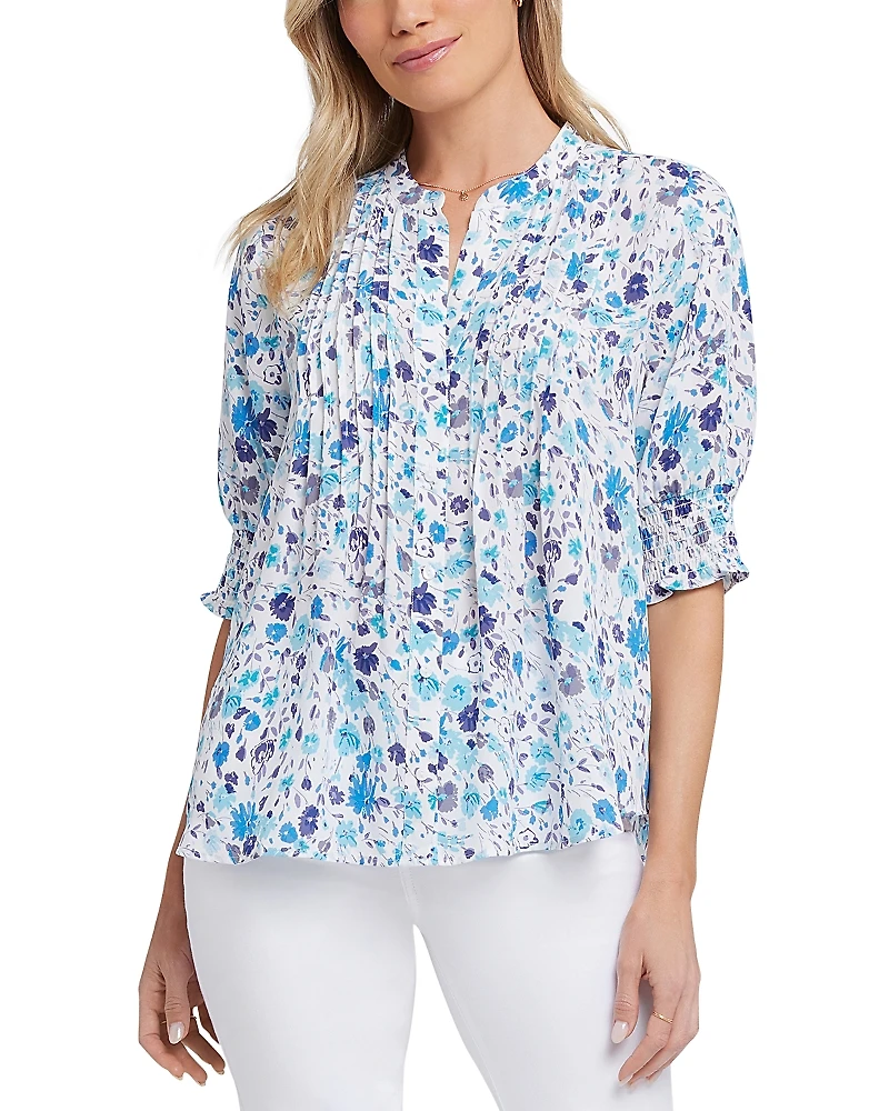 Nydj Floral Print Pleated Peasant Top