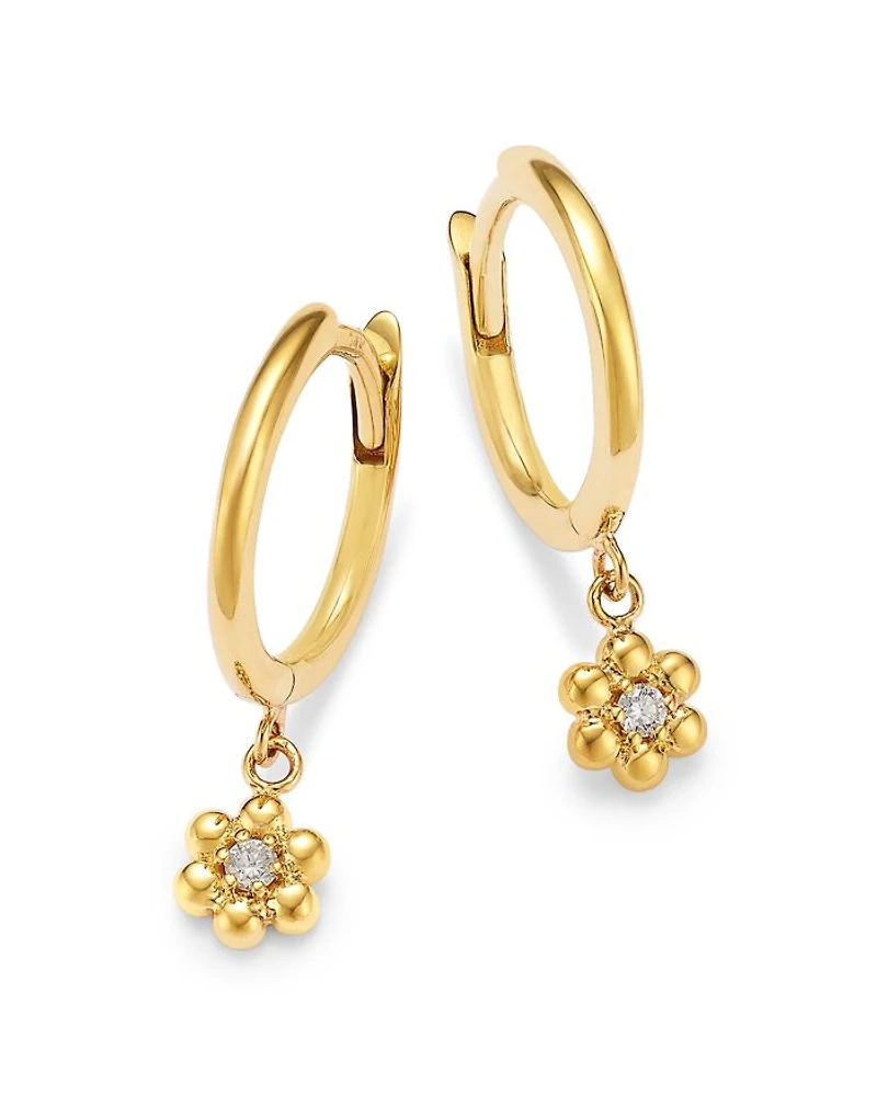 14K Yellow Gold Prong Diamonds Flower Dangle Huggie Hoop Earrings