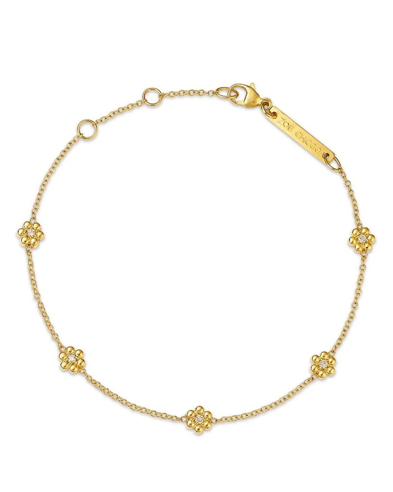 14K Yellow Gold Prong Diamonds Tiny Bead Flower Link Bracelet