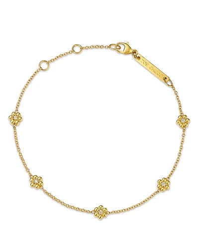 14K Yellow Gold Prong Diamonds Tiny Bead Flower Link Bracelet