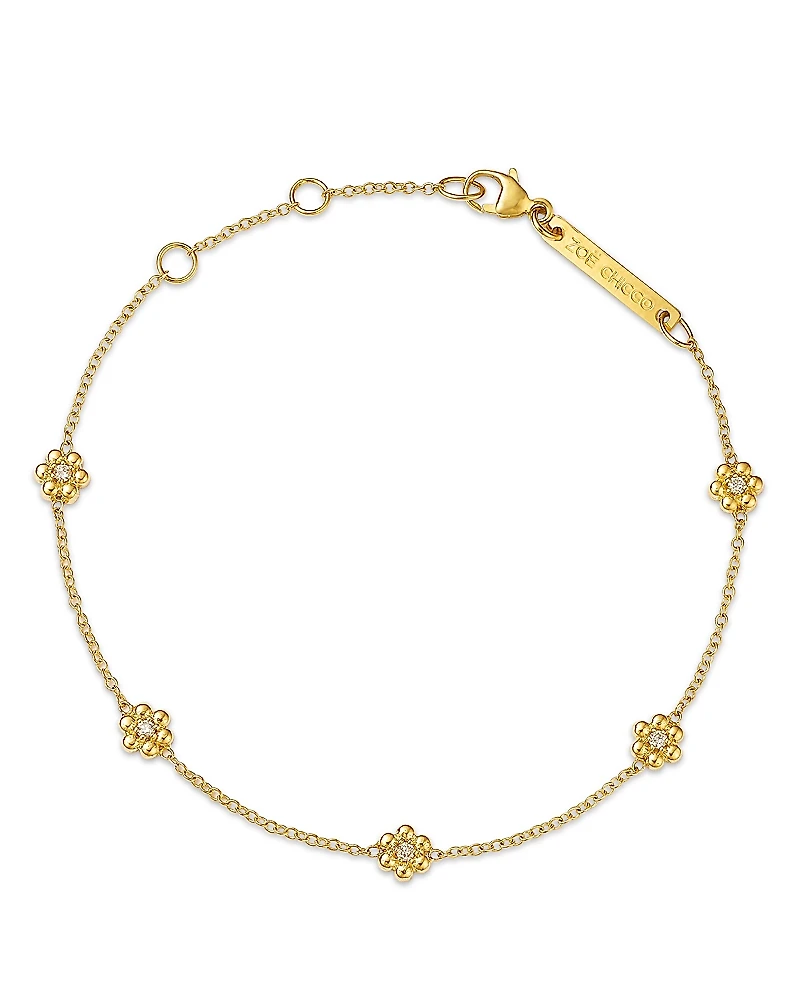 Zoe Chicco 14K Yellow Gold Prong Diamonds Tiny Bead Flower Link Bracelet