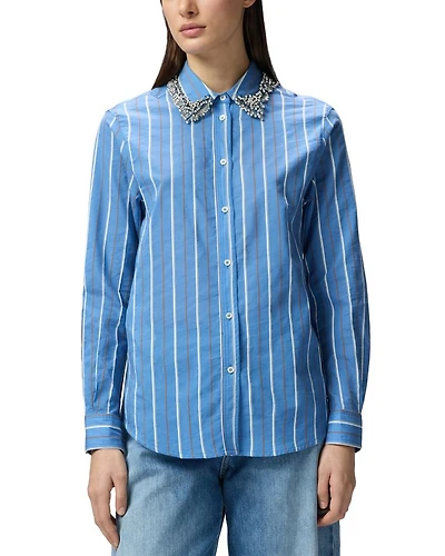 Rhinestone Collar Striped Blouse