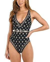 L'Agence Lisa South Western Plunge Belted One Piece Swimsuit