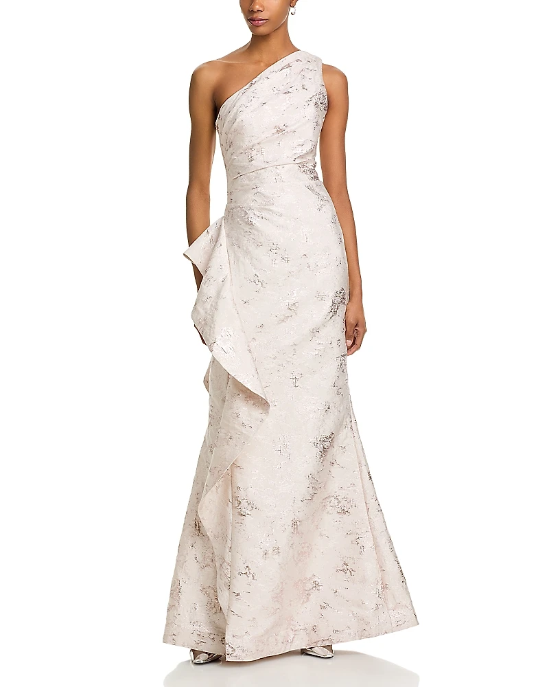 Teri Jon by Rickie Freeman Metallic Jacquard One-Shoulder Gown