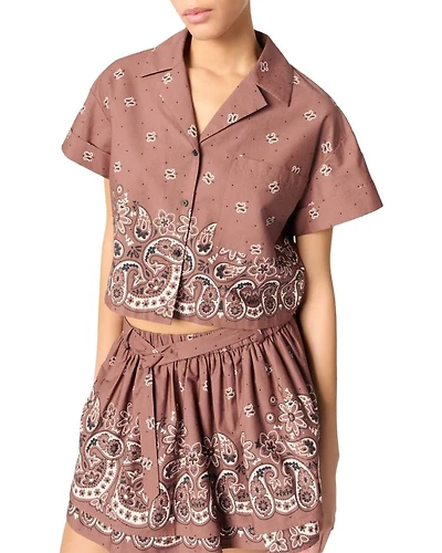 Patterned Rhinestone Cropped Shirt