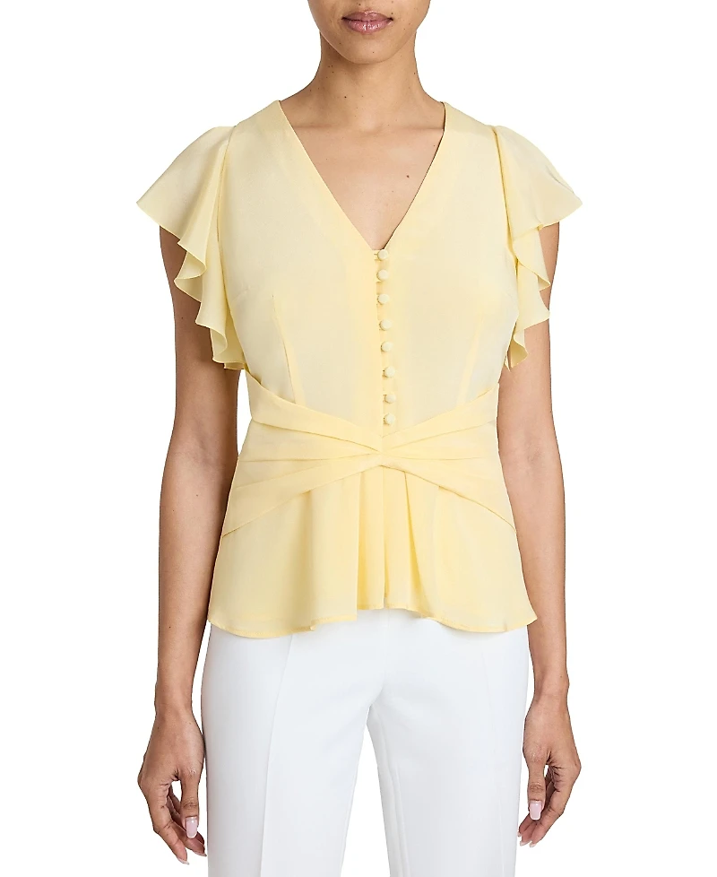 Santorelli Ella Silk Flutter Sleeve Buttoned Blouse with Waist Panel