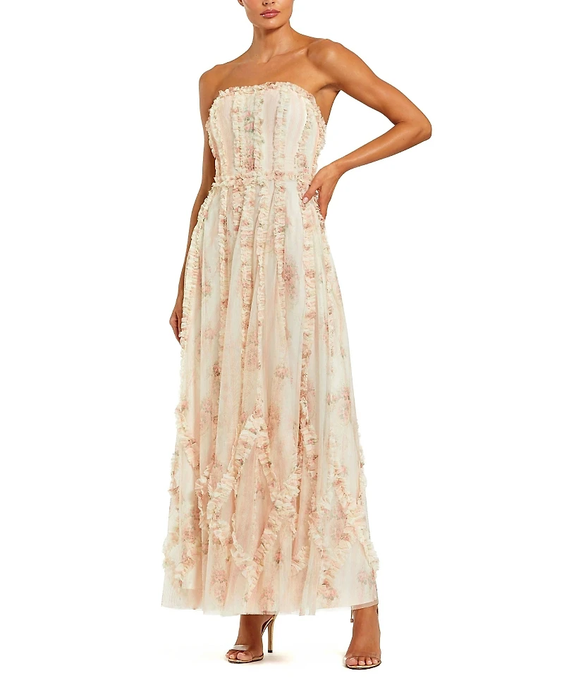 Mac Duggal Mesh Micro Ruffle Strapless Gown