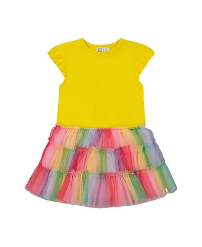 Deux par Girls' Short Sleeve Dress with Ruffle Tulle Skirt
