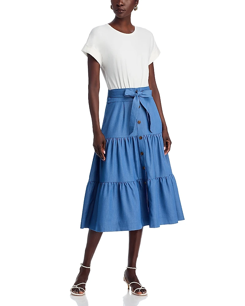 T Tahari Mixed Media Tiered Dress