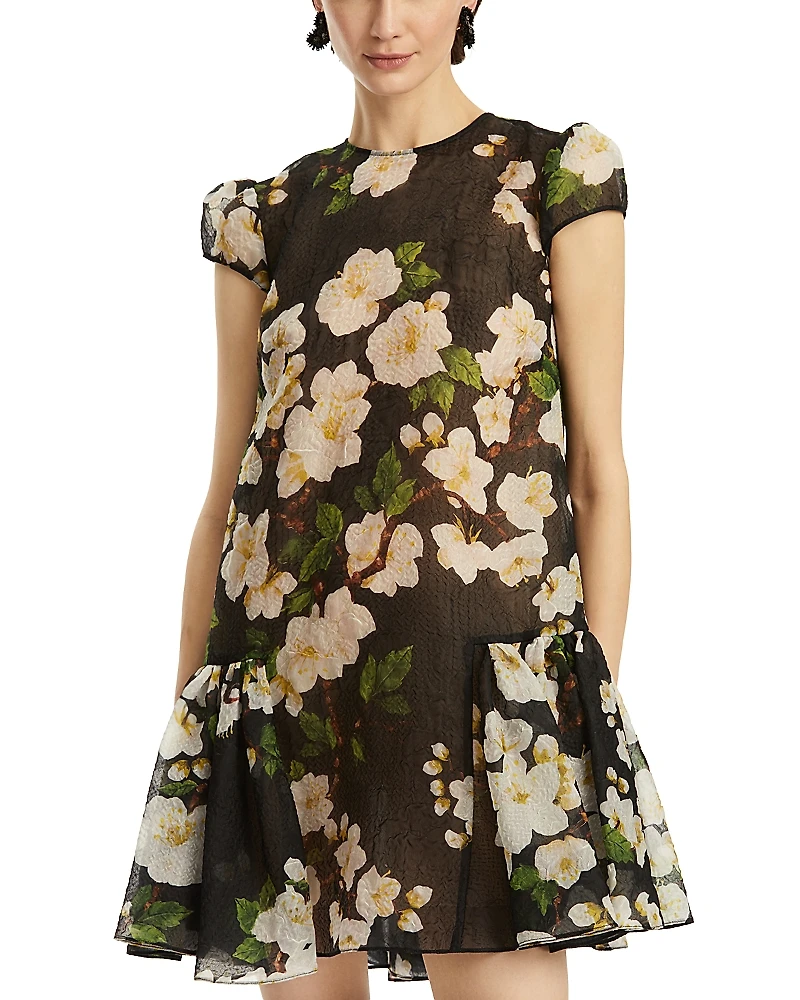 Oscar de la Renta Short Sleeve Drop Waist Cherry Blossom Cloque Dress