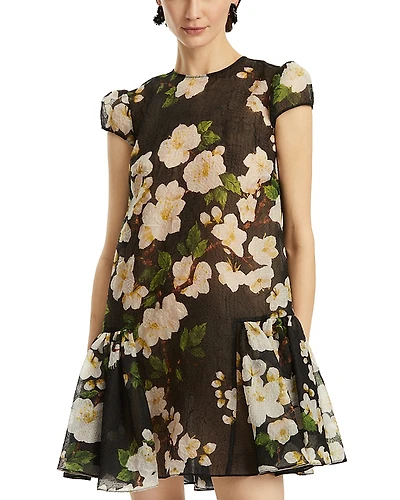 Oscar de la Renta Short Sleeve Drop Waist Cherry Blossom Cloque Dress