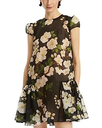 Oscar de la Renta Short Sleeve Drop Waist Cherry Blossom Cloque Dress