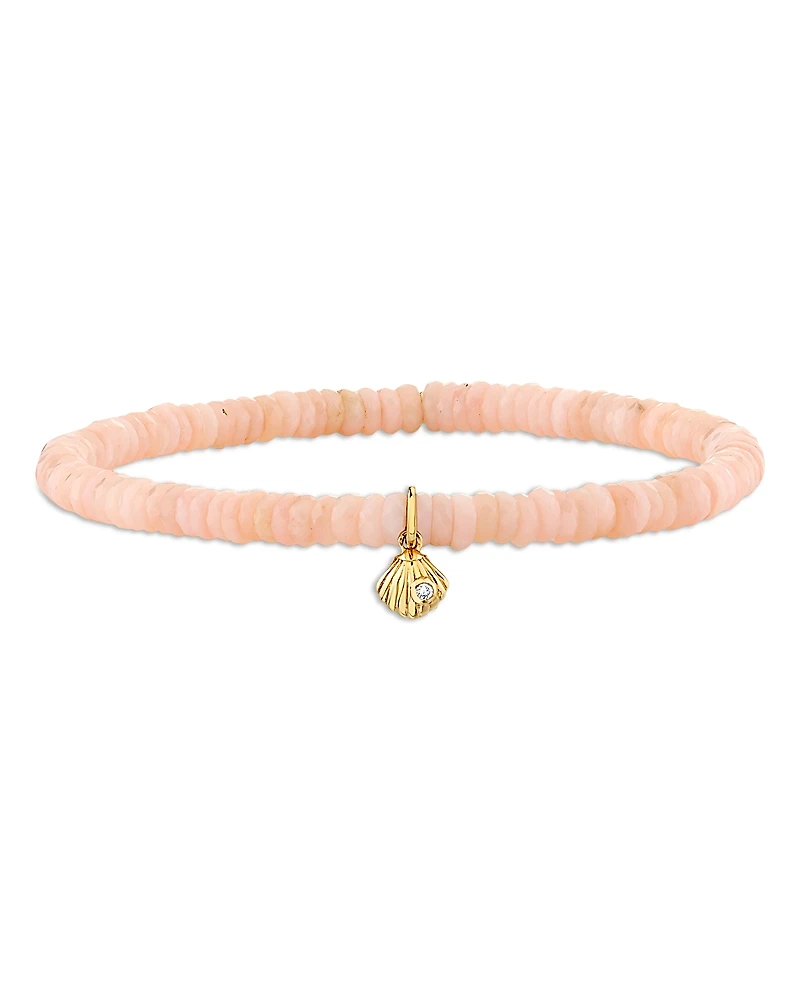 Sydney Evan 14K Yellow Gold Diamond Tiny Clam Shell Charm Pink Opal Faceted Heishi Beaded Stretch Bracelet