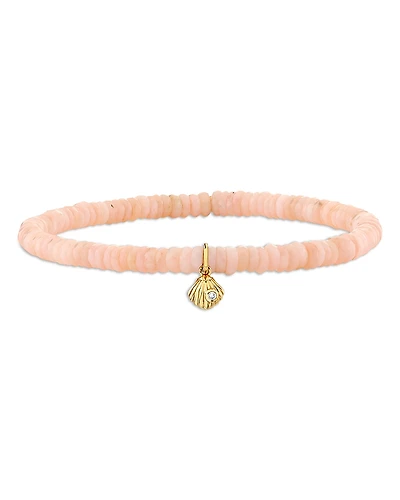 Sydney Evan 14K Yellow Gold Diamond Tiny Clam Shell Charm Pink Opal Faceted Heishi Beaded Stretch Bracelet