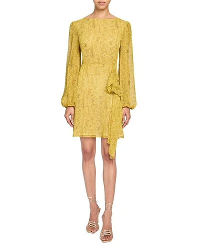 MALIA Long Sleeve Dress with Skirt Side Ruffle Printed Georgette