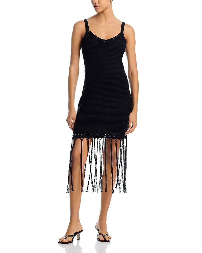 Aqua Stud Fringe Knit Crochet Mini Dress - Exclusive