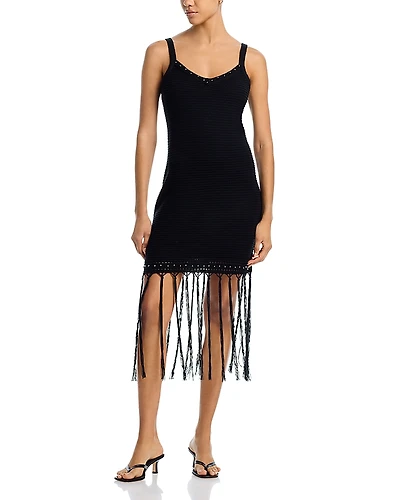 Aqua Stud Fringe Knit Crochet Mini Dress - Exclusive