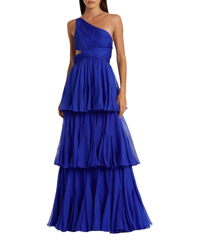 Mac Duggal One Shoulder Tiered Chiffon Gown