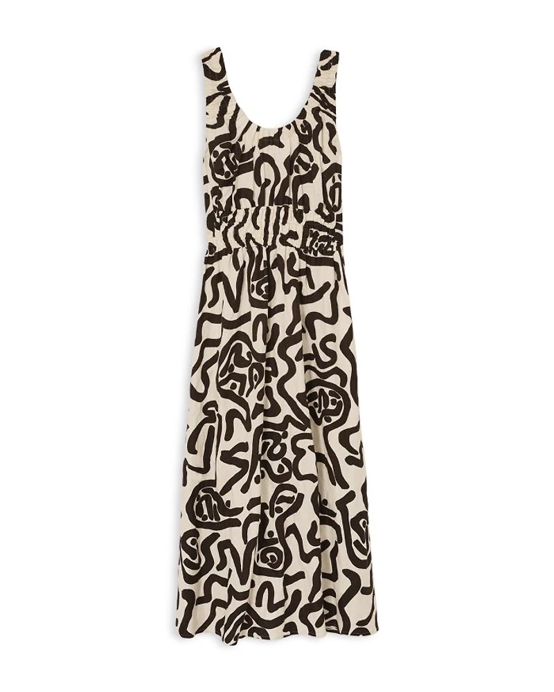 Akari Ruched Mono Print Midi Dress