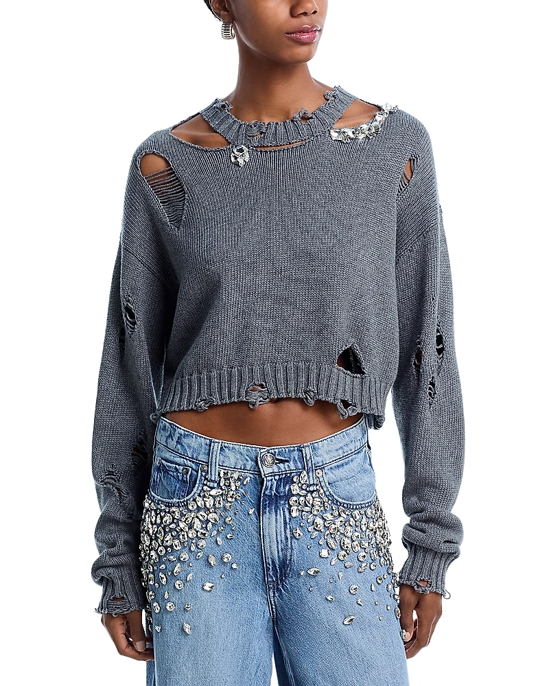 Area Distressed Crystal Embellished Sweater