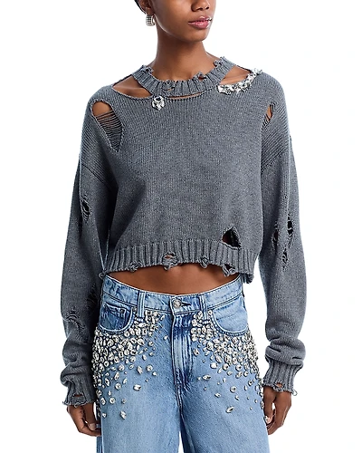 Area Distressed Crystal Embellished Sweater