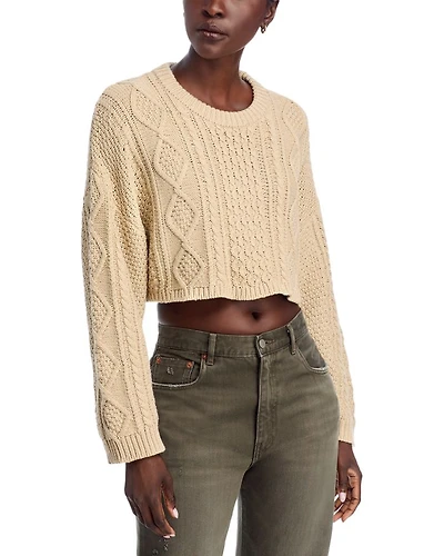 Cropped Cable Crewneck Sweater