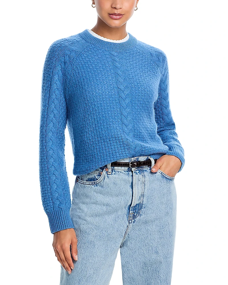 Aqua 100% Cashmere Basketweave Cable Crewneck Sweater - Exclusive