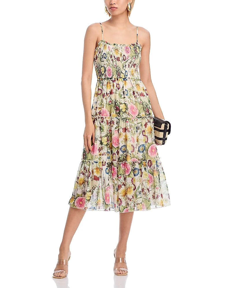 Aqua Floral Smocked Tiered Midi Dress - Exclusive