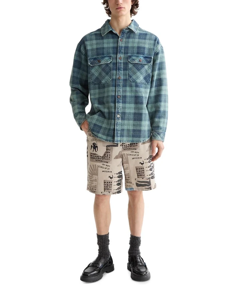 Regular Fit Washed Denim Check Shirt Jacket