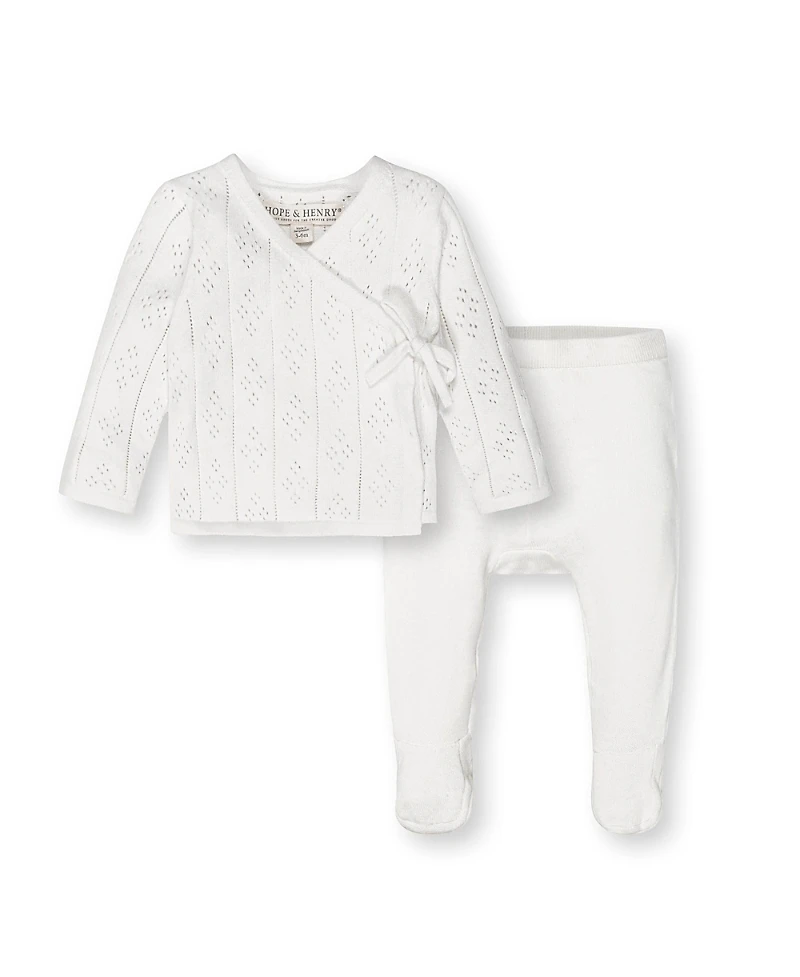 Hope & Henry Unisex Organic Long Sleeve Pointelle Wrap Sweater Footed Legging Set - Baby