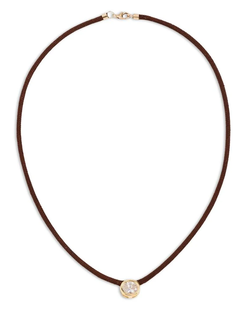 Cubic Zirconia Solitaire Brown Suede Pendant Necklace, 16.25"