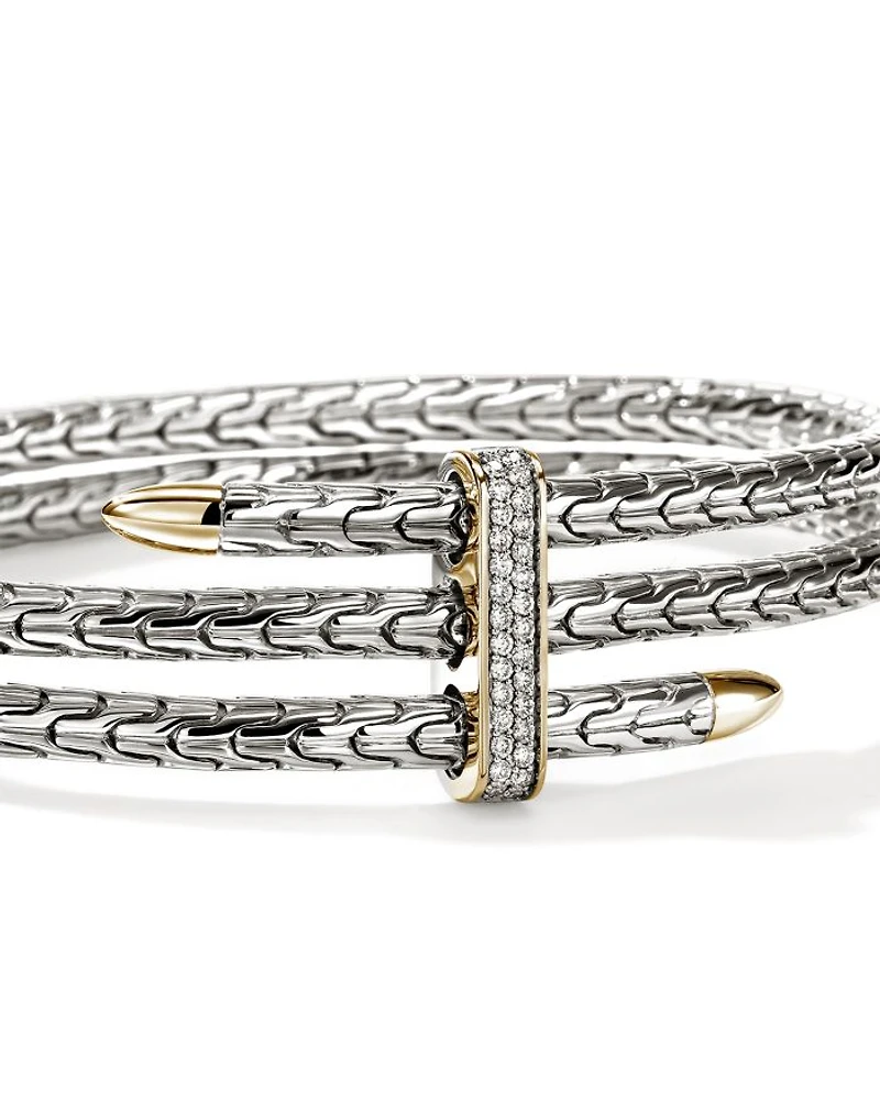 Sterling Silver & 14K Yellow Gold Diamond Spear Triple Flex Cuff Bracelet