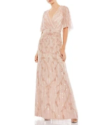 Embellished Cap Sleeve Faux Wrap Trumpet Gown
