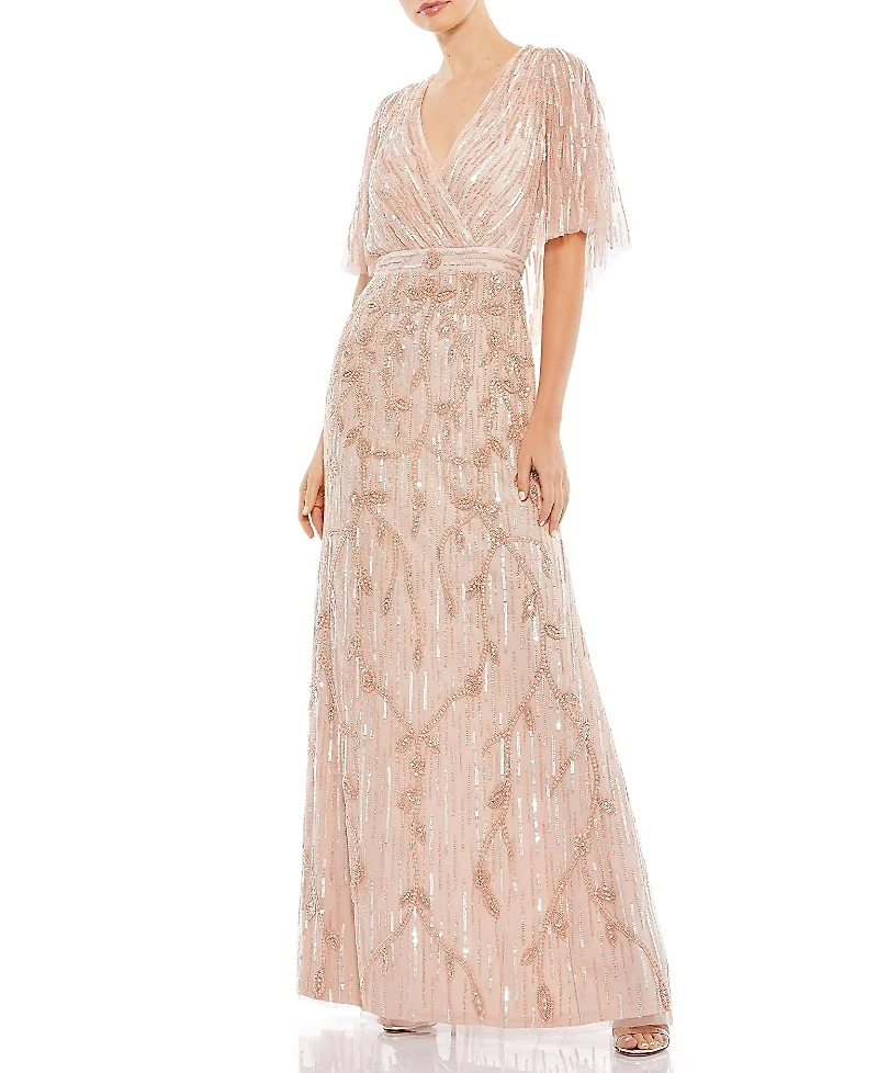 Mac Duggal Embellished Cap Sleeve Faux Wrap Trumpet Gown