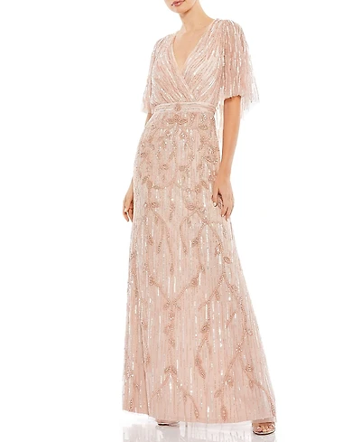 Mac Duggal Embellished Cap Sleeve Faux Wrap Trumpet Gown