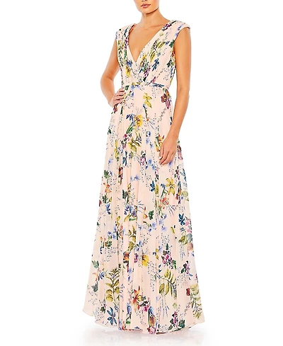 Mac Duggal Pleated Floral Cap Sleeve A Line Gown