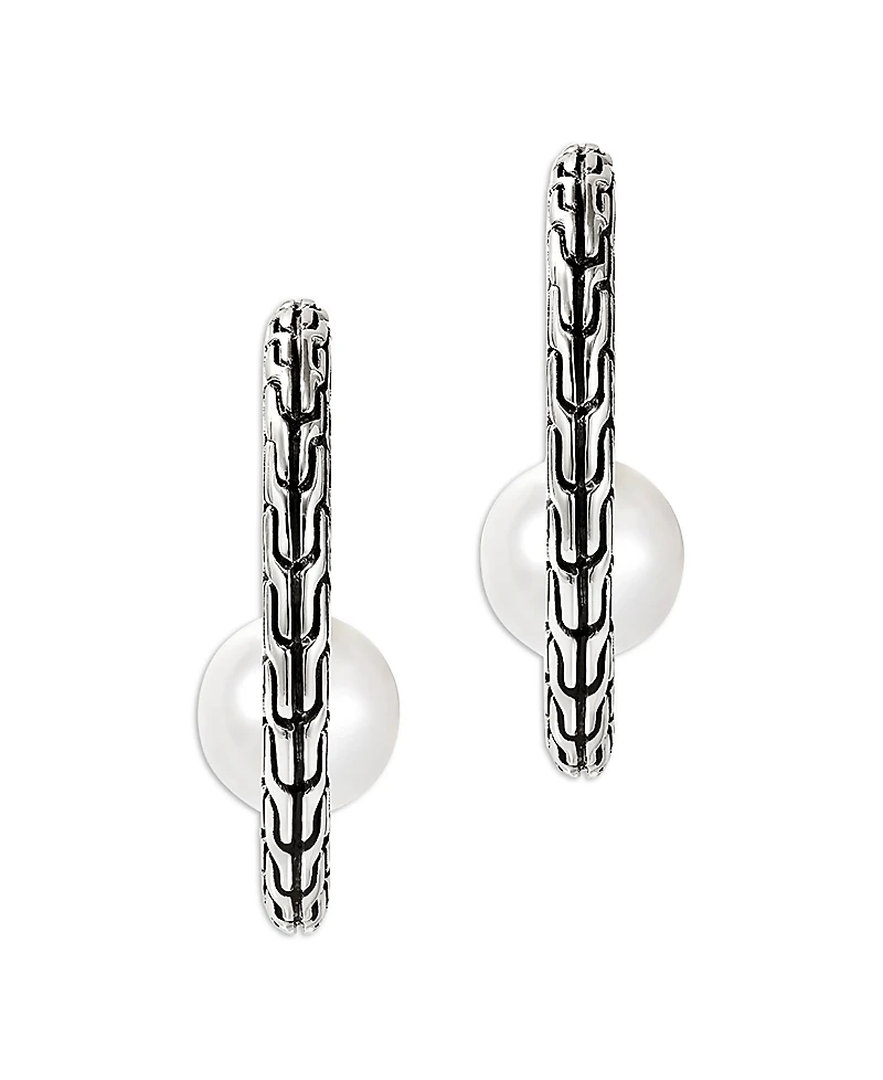 John Hardy Sterling Silver Jh Essentials Cultured Freshwater Pearl Carved Chain Hoop Earrings
