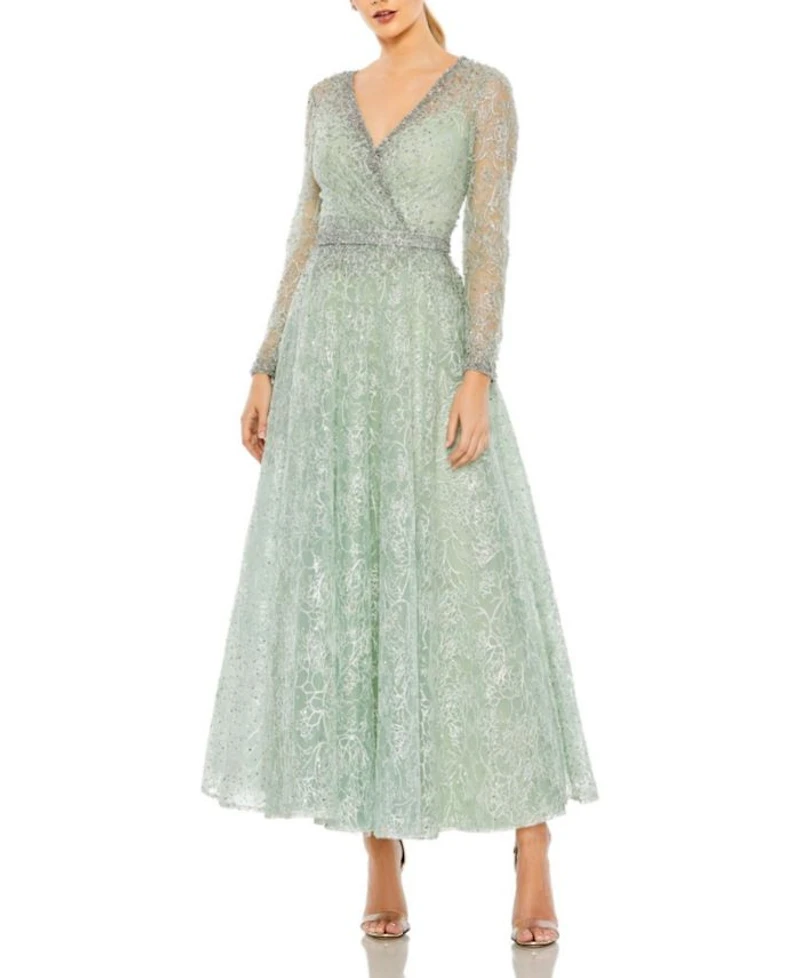 Embellished Wrap Over Long Sleeve Midi Dress