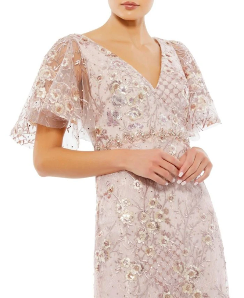Embellished Illusion Butterfly Sleeve Cocktail Dress