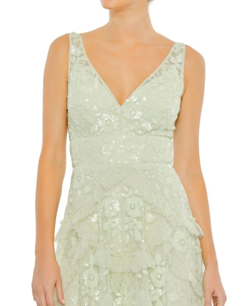 Sequined Scallop Ruffle Tiered V Neck Gown
