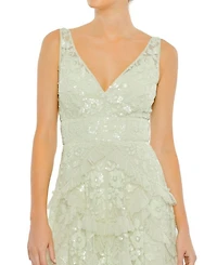 Sequined Scallop Ruffle Tiered V Neck Gown