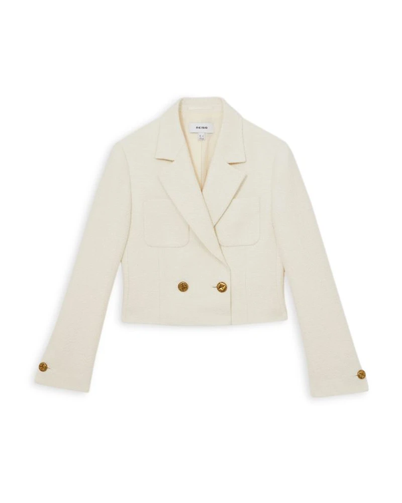 Mia Cropped Double Breasted Textured Blazer White