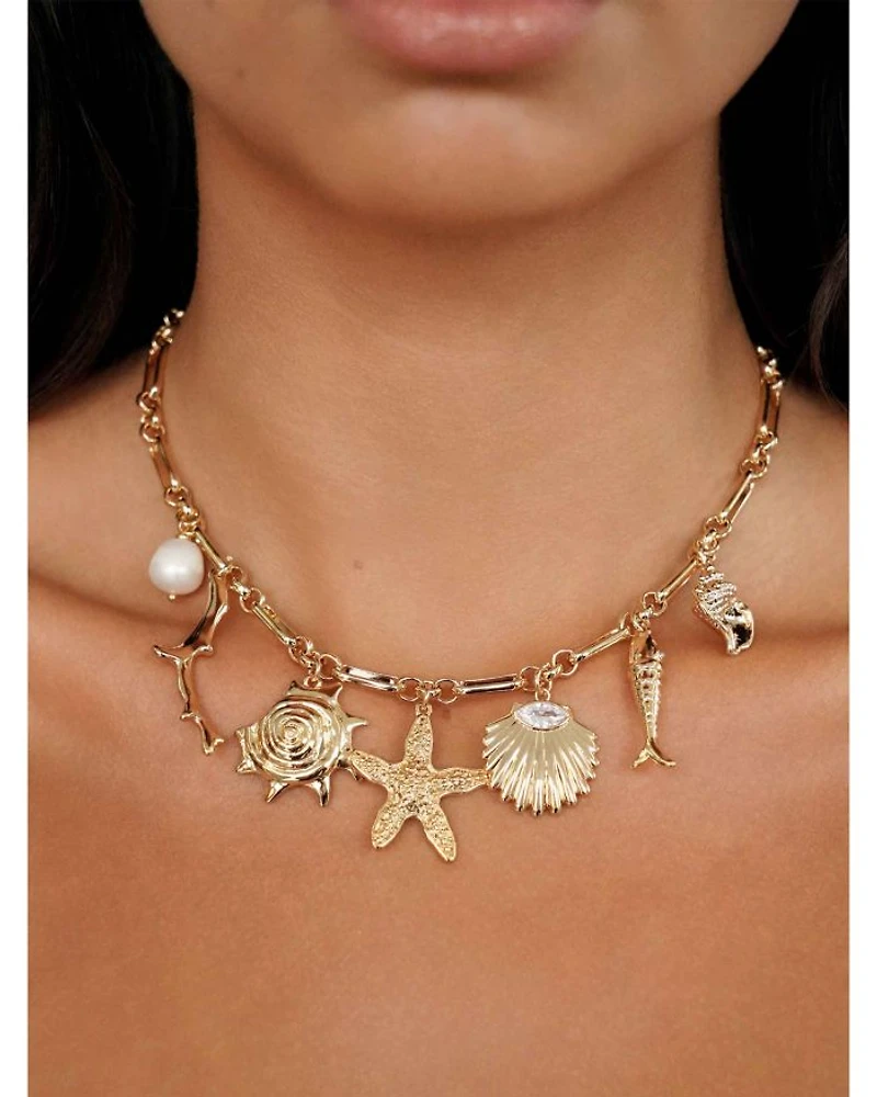Oceanic Dreams Cubic Zirconia & Cultured Freshwater Pearl Shell Charm Statement Necklace, 15"-18"