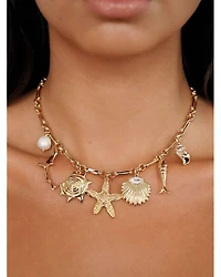 Oceanic Dreams Cubic Zirconia & Cultured Freshwater Pearl Shell Charm Statement Necklace, 15"-18"