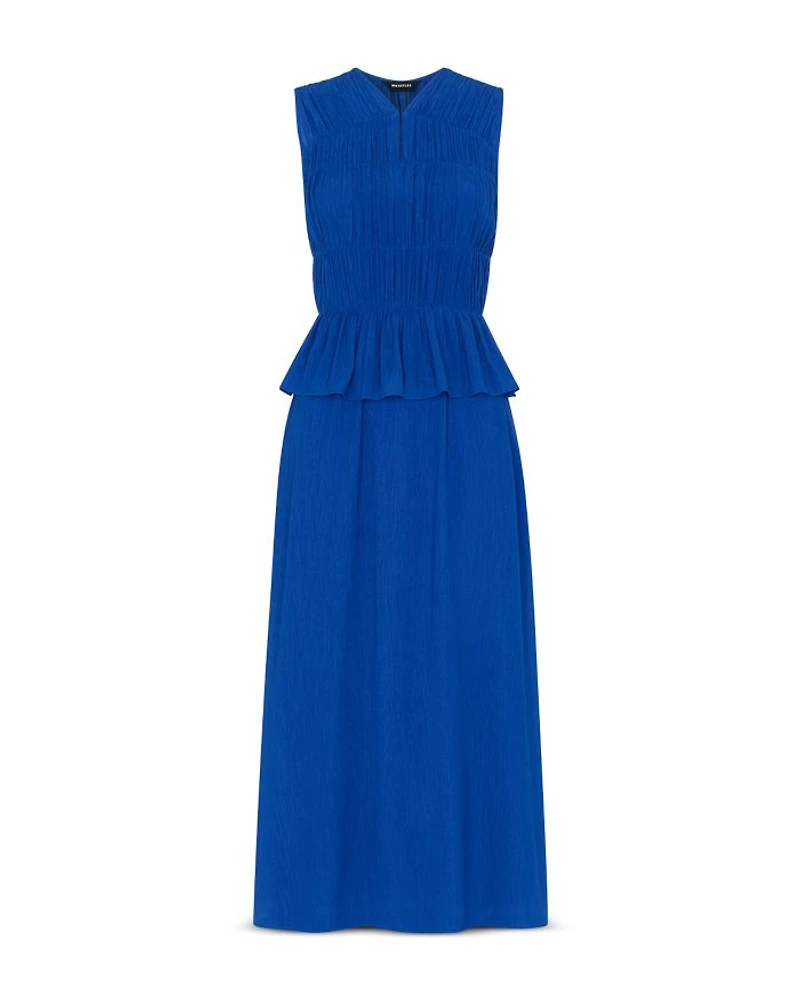 Shirred V Neck Midi Dress